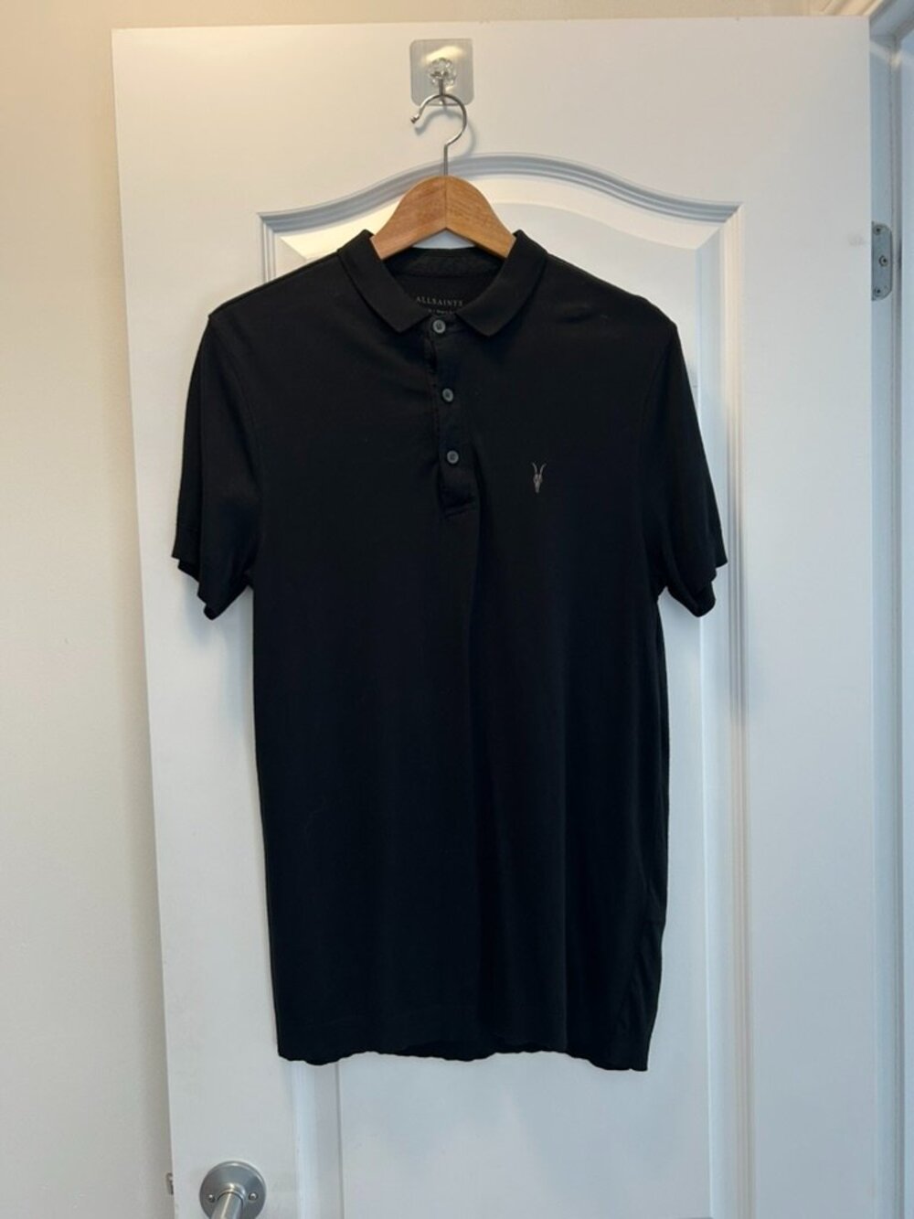 AllSaints Brace Polo Shirt – Black Cotton – Men's Size Medium
